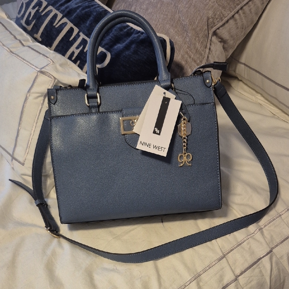 Nine West Dusty Blue Structured Satchel with Gold Accents - Picture 2 of 5
